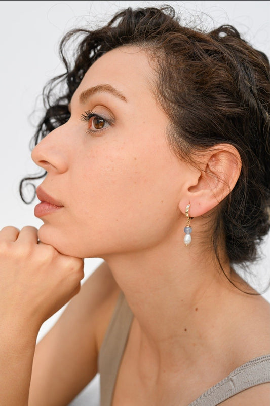 Aquamarine Pearl Drop Hoop Earrings