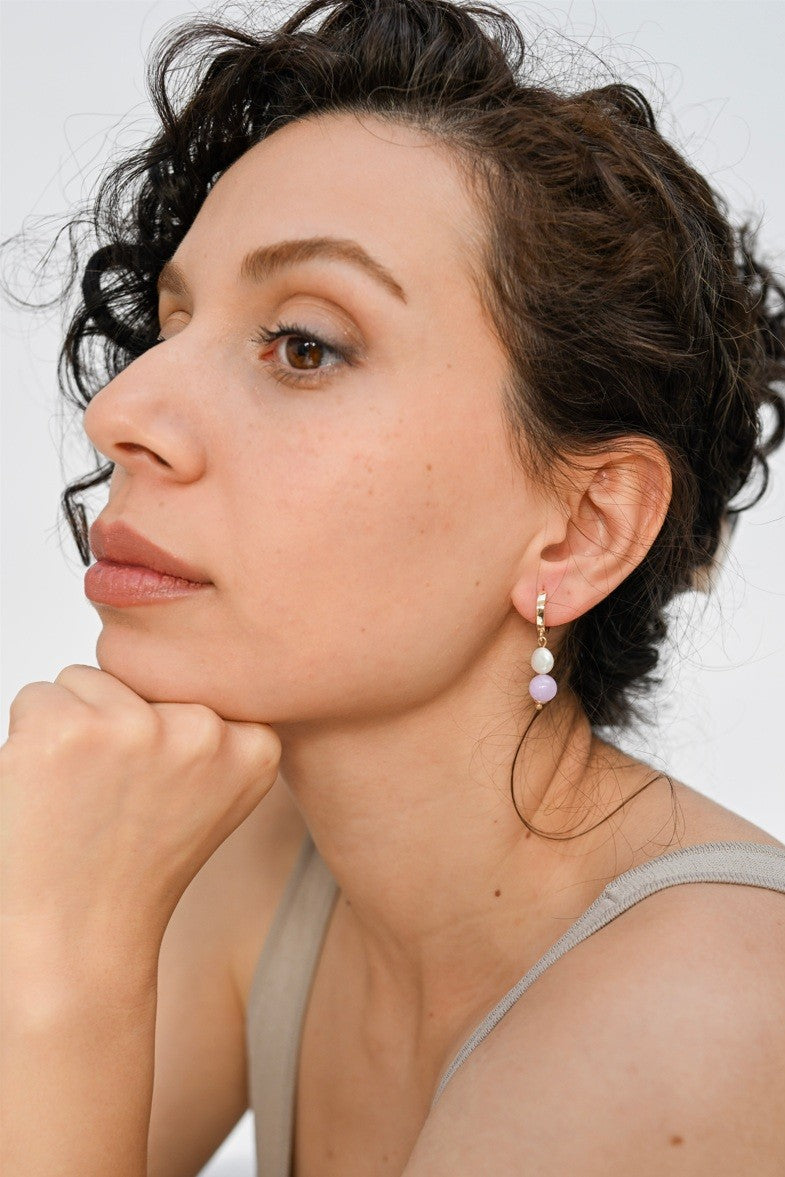 Lavender Pearl Drop Hoop Earrings