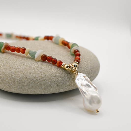 Agate Ember In Baroque Pearl Necklace