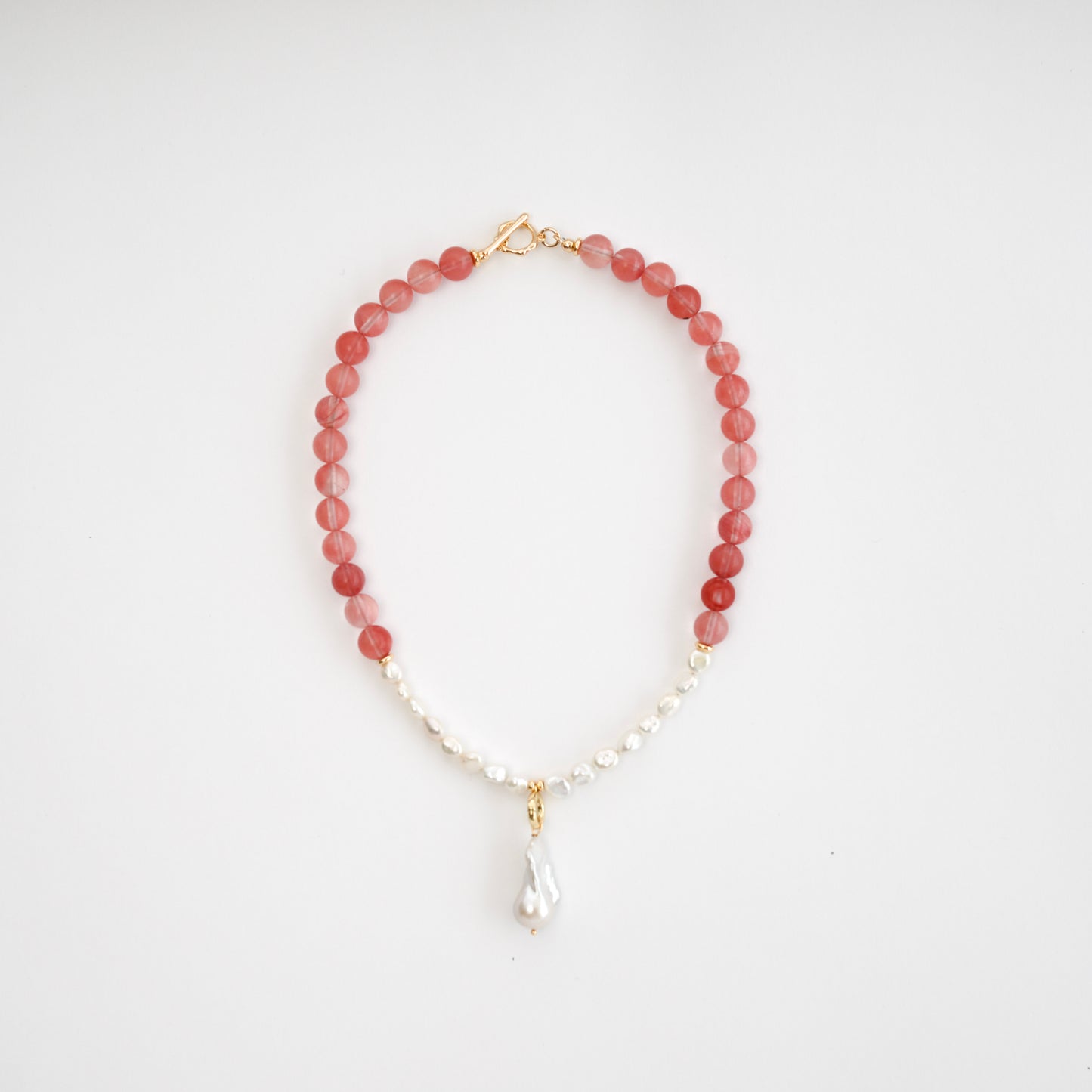 Strawberry Quartz In Baroque Pearl Necklace