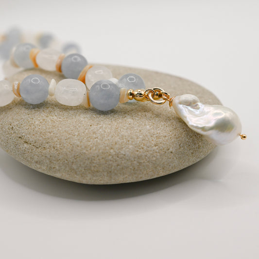 Aquamarine Mist In Baroque Pearl Necklace