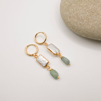 Aventurine Rectangle Pearl Drop Hoop Earrings