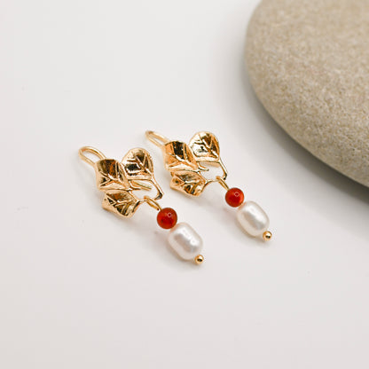 Leaf Agate Pearl Drop Hoop Earrings
