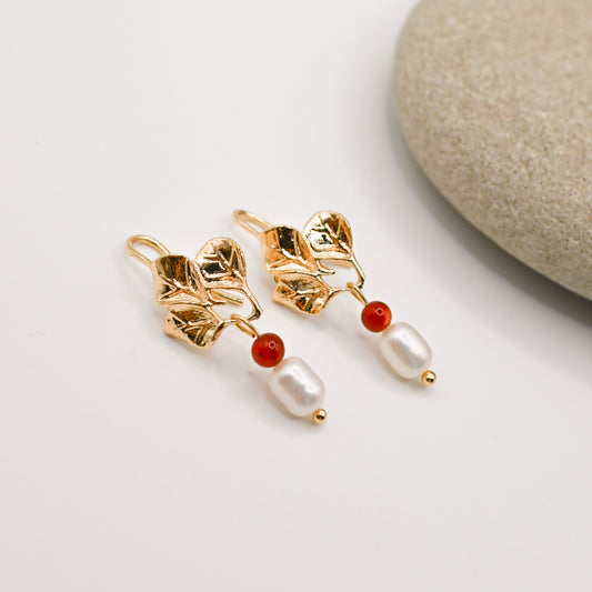 Leaf Agate Pearl Drop Hoop Earrings