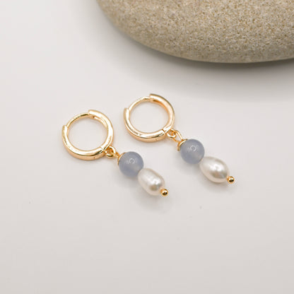 Aquamarine Pearl Drop Hoop Earrings