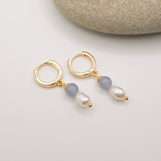 Aquamarine Pearl Drop Hoop Earrings