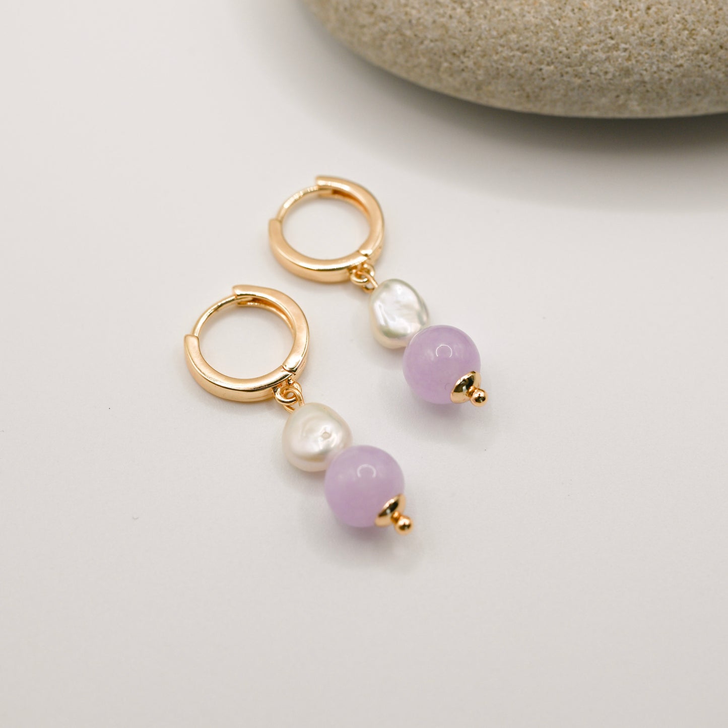 Lavender Pearl Drop Hoop Earrings