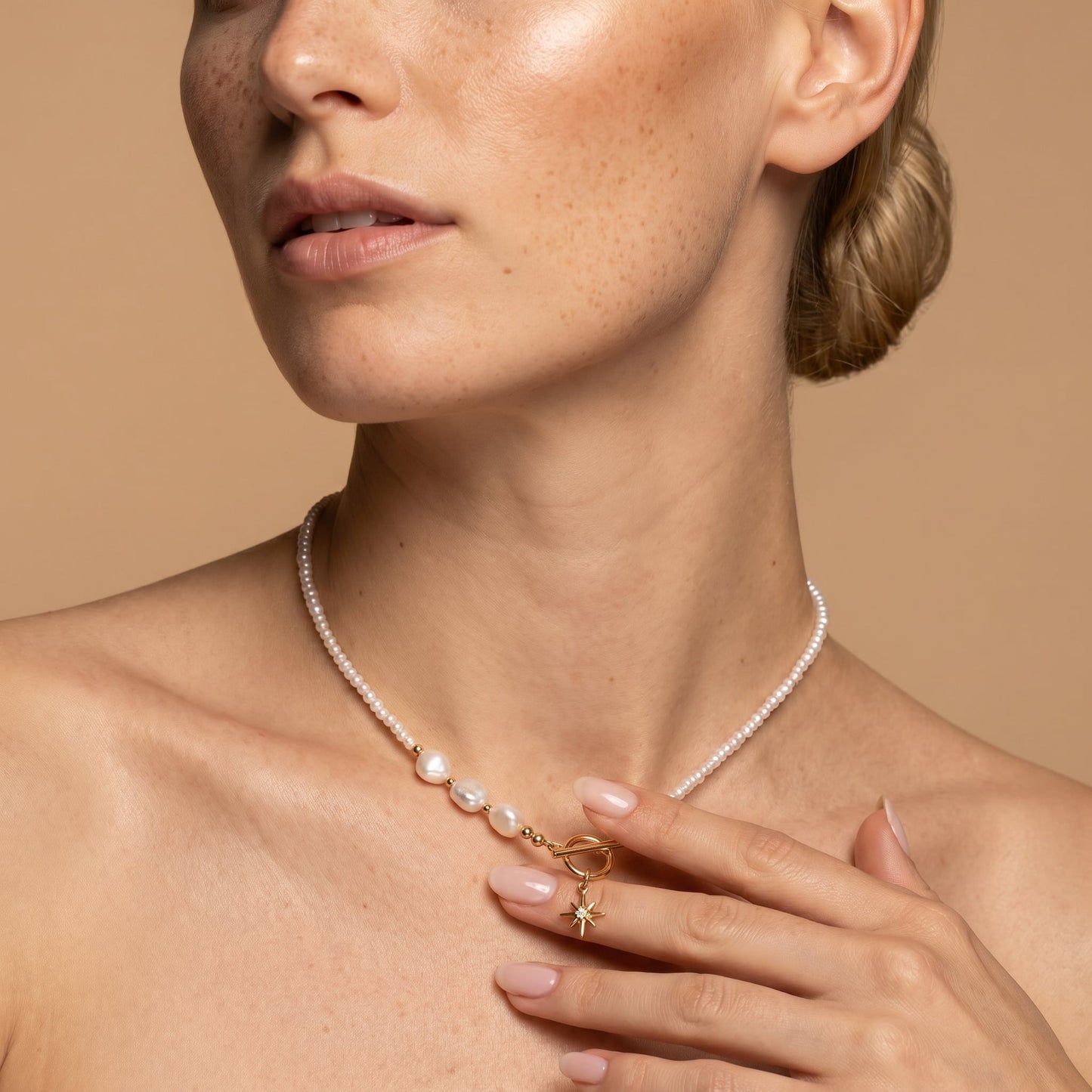 Gold Filled Pole Star Charm Pearl Necklace