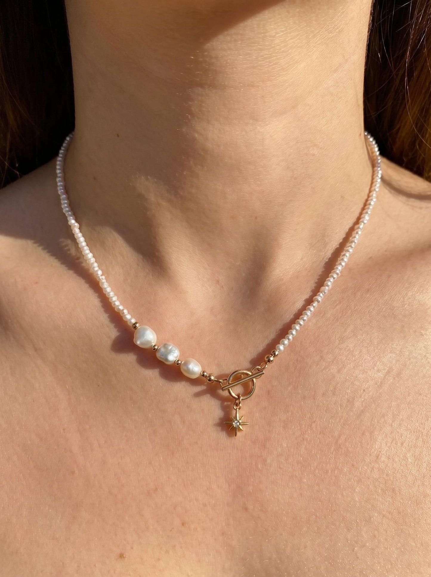 Gold Filled Pole Star Charm Pearl Necklace