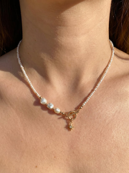 Gold Filled Pole Star Charm Pearl Necklace