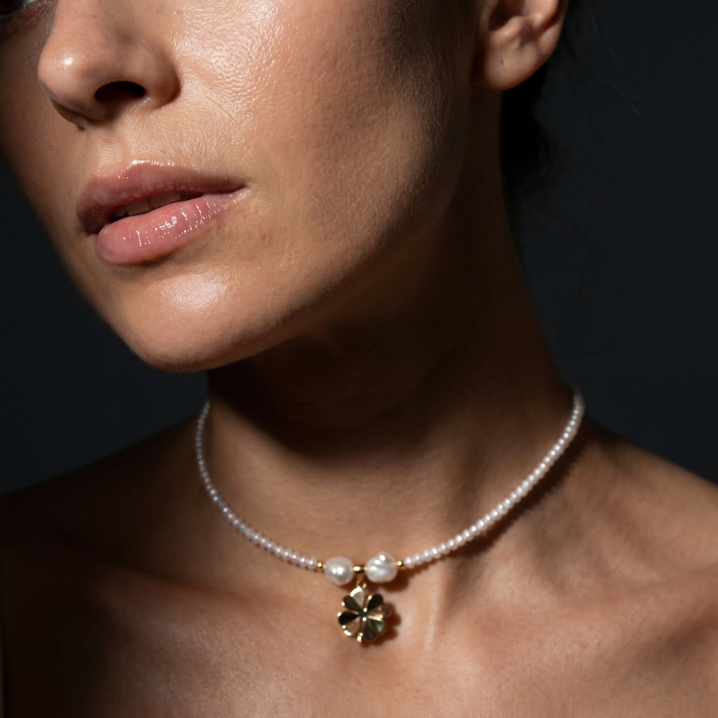 Lucky Four Leaf Clover Charm Pearl Necklace