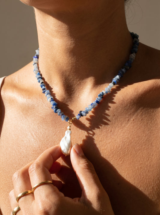 Sodalite Crystal In Baroque Pearl Necklace