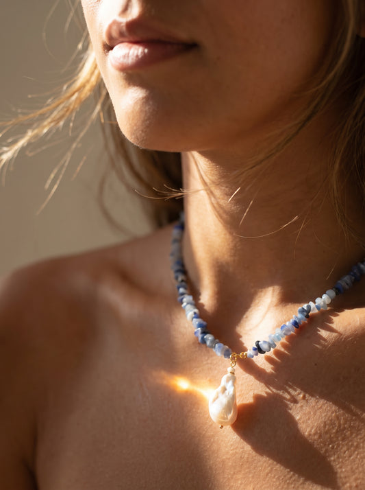 Sodalite Crystal In Baroque Pearl Necklace