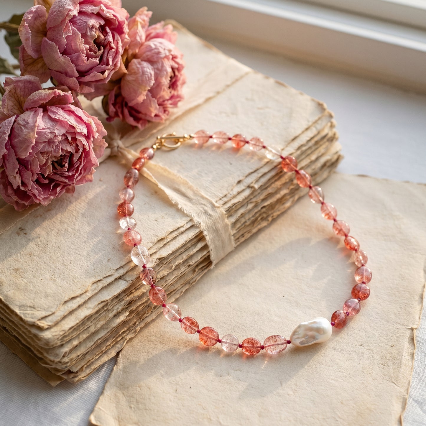 British Rose Quartz In Baroque Pearl Necklace