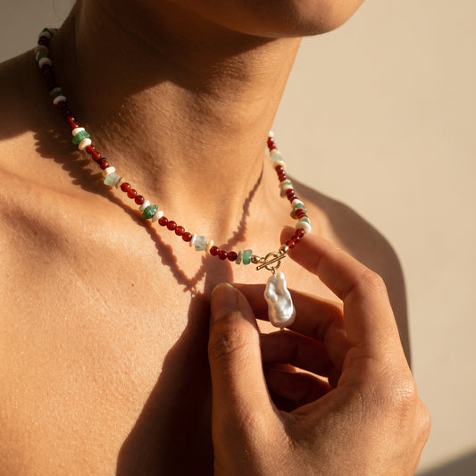 Agate Ember In Baroque Pearl Necklace