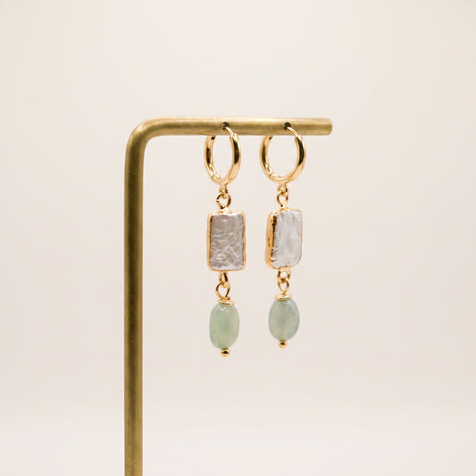 Aventurine Rectangle Pearl Drop Hoop Earrings