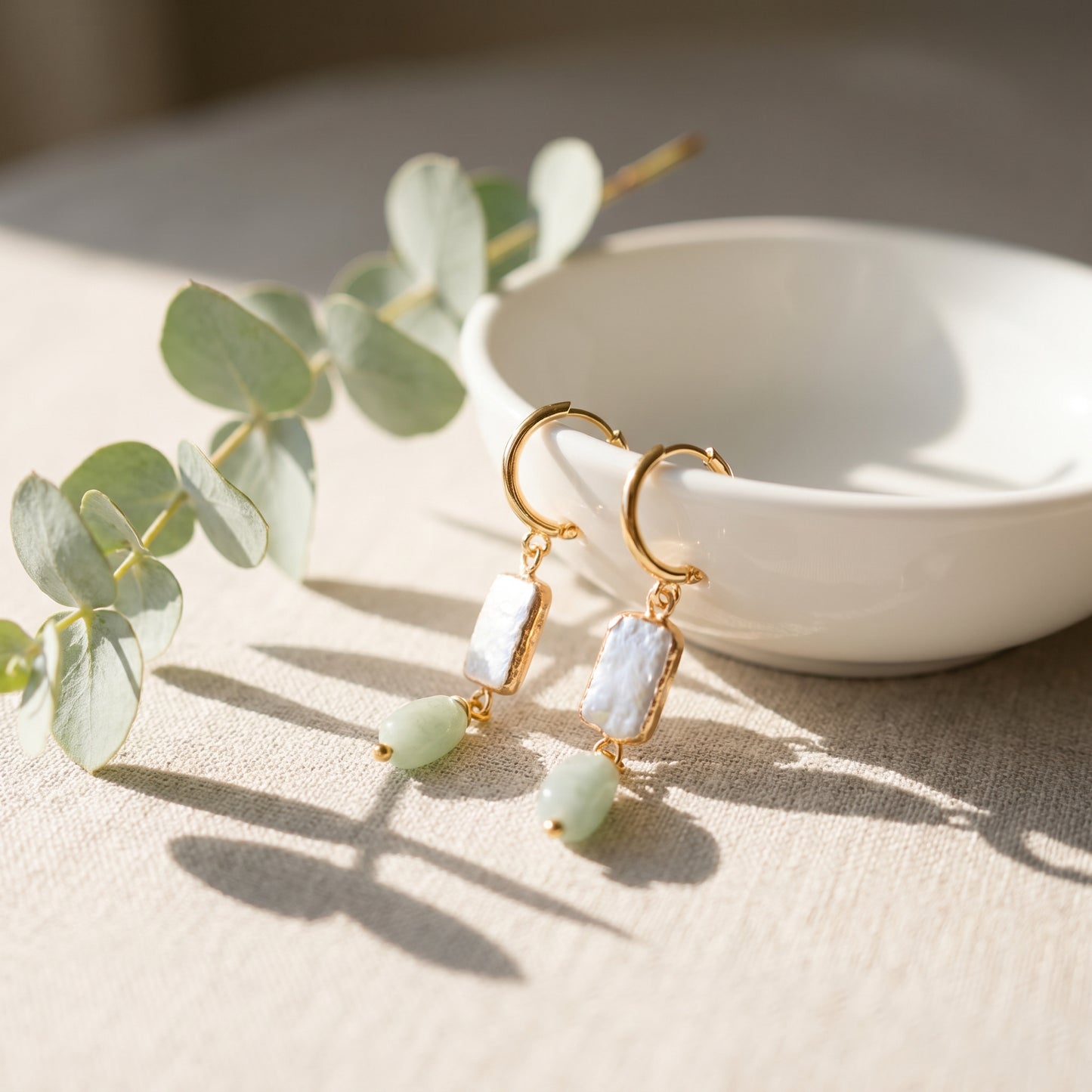 Aventurine Rectangle Pearl Drop Hoop Earrings