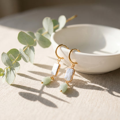 Aventurine Rectangle Pearl Drop Hoop Earrings