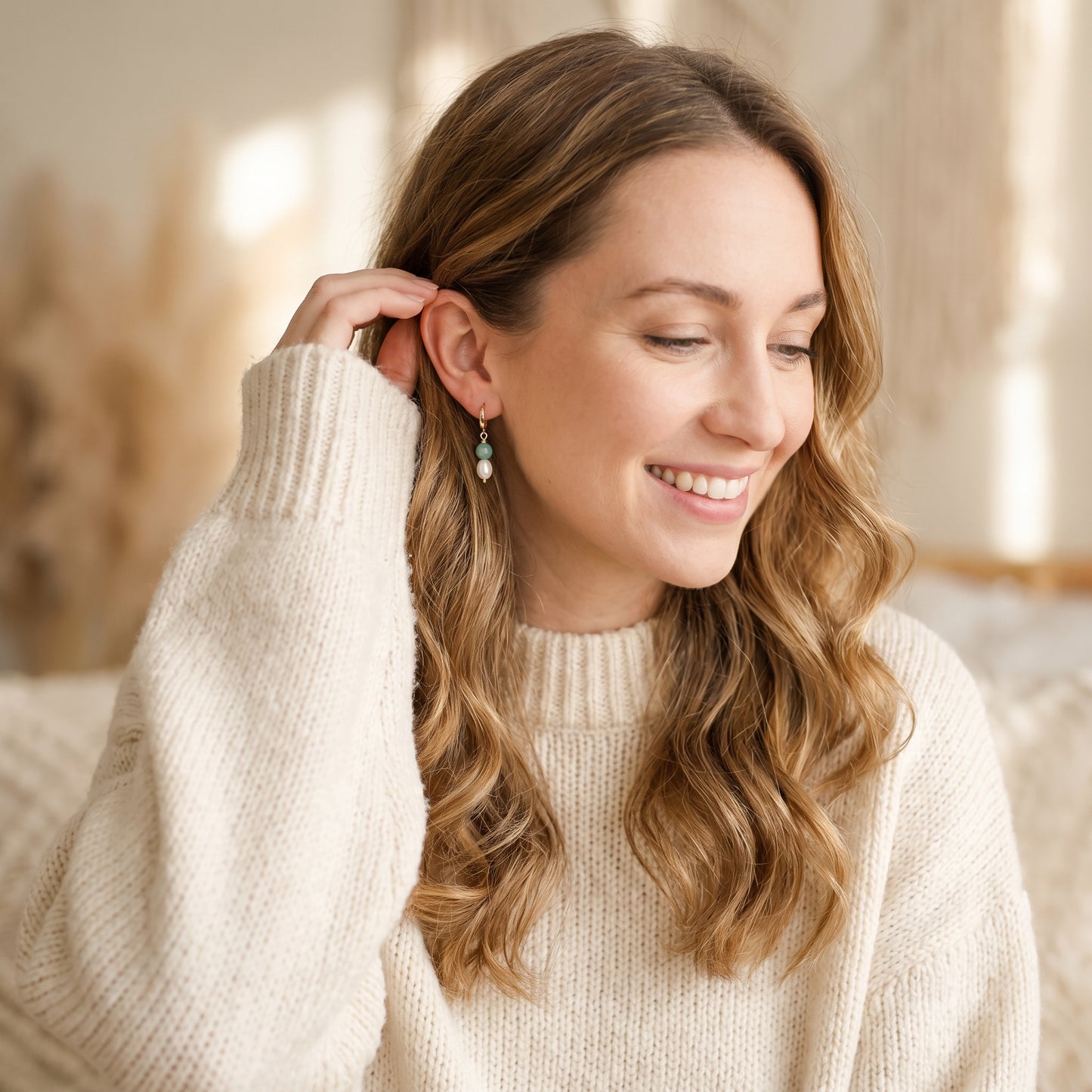 Jade Pearl Drop Hoop Earrings