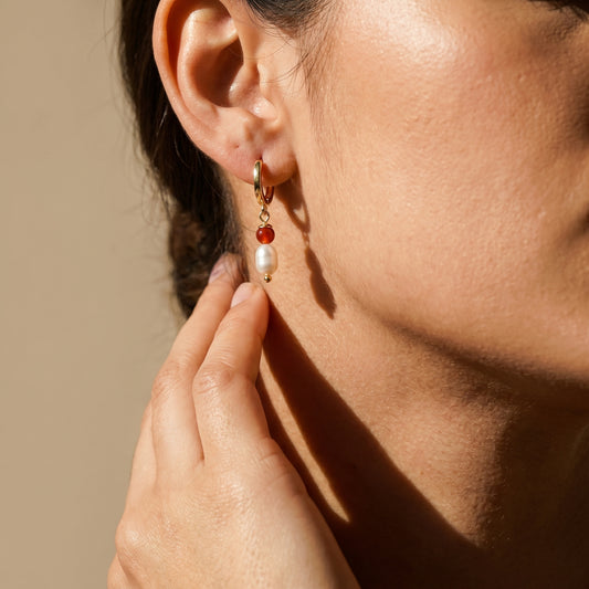 Agate Pearl Drop Hoop Earrings