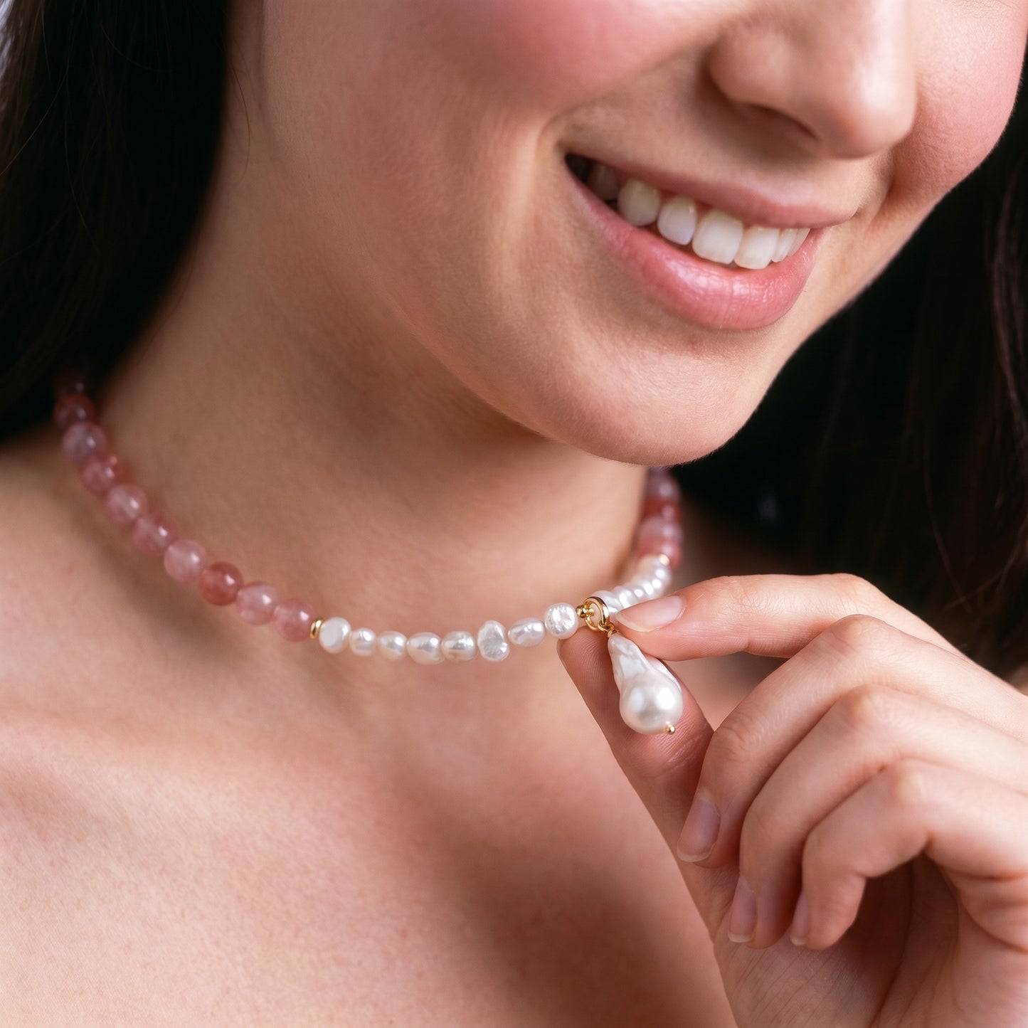 Strawberry Quartz In Baroque Pearl Necklace