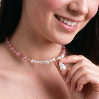 Strawberry Quartz In Baroque Pearl Necklace