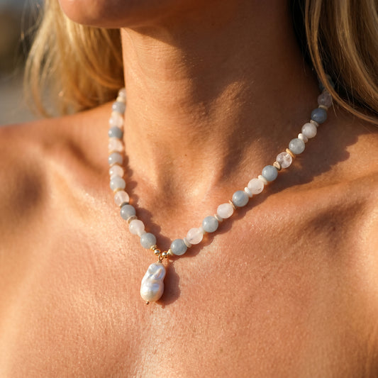 Aquamarine Mist In Baroque Pearl Necklace