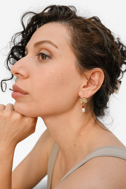 Leaf Agate Pearl Drop Hoop Earrings