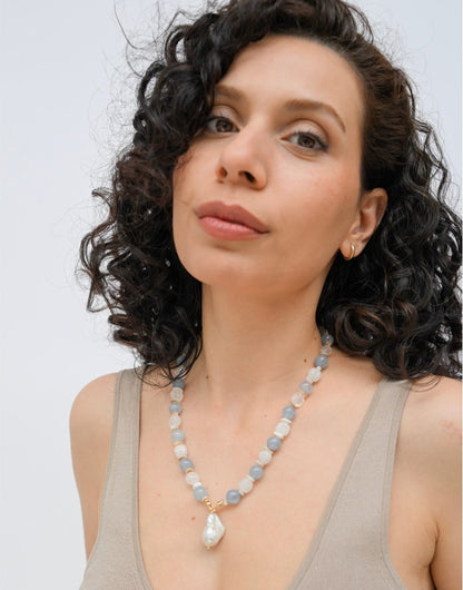 Aquamarine Mist In Baroque Pearl Necklace