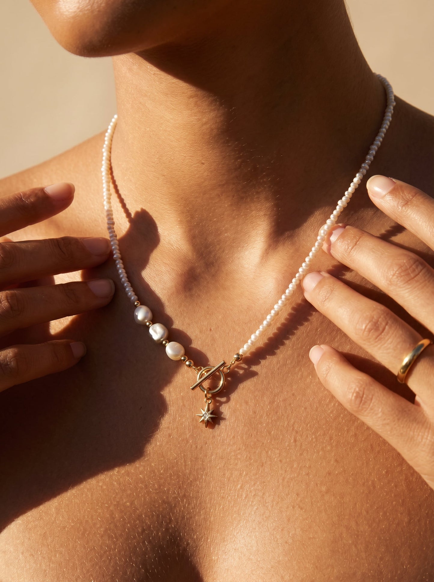 Gold Filled Pole Star Charm Pearl Necklace