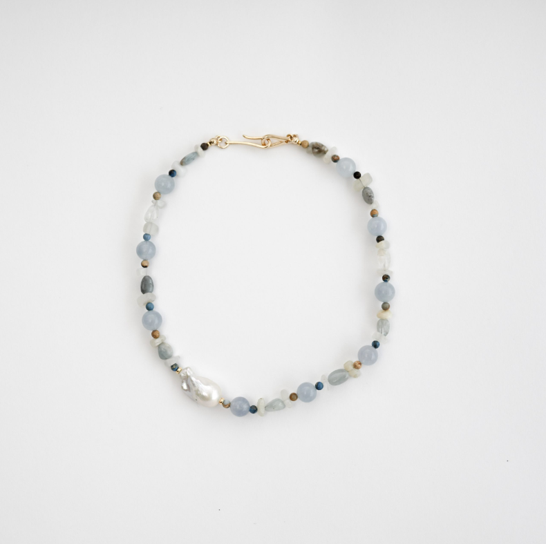 Aquamarine Crystal Sea In Baroque Pearl Necklace