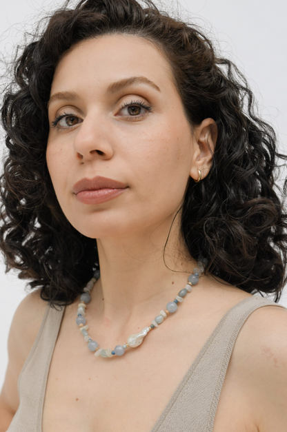 Aquamarine Crystal Sea In Baroque Pearl Necklace
