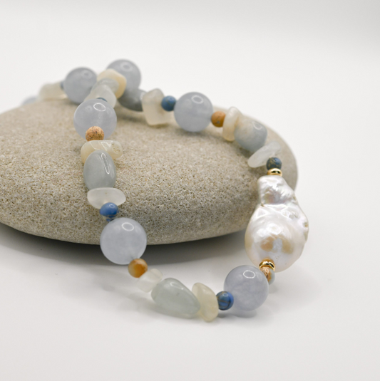 Aquamarine Crystal Sea In Baroque Pearl Necklace