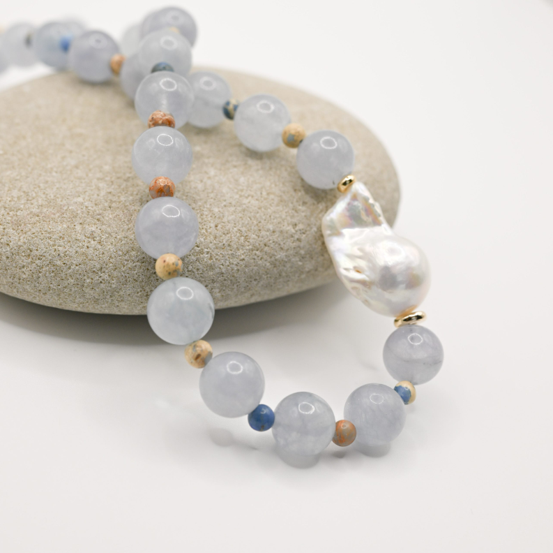 Aquamarine Sand In Baroque Pearl Necklace