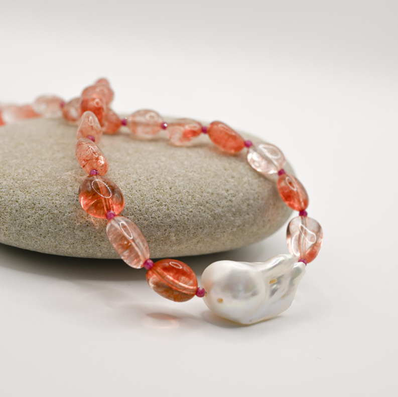 British Rose Quartz In Baroque Pearl Necklace