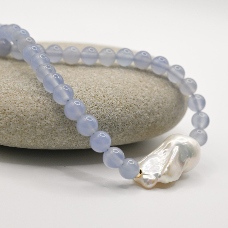 Chalcedony Aqua In Baroque Pearl Necklace