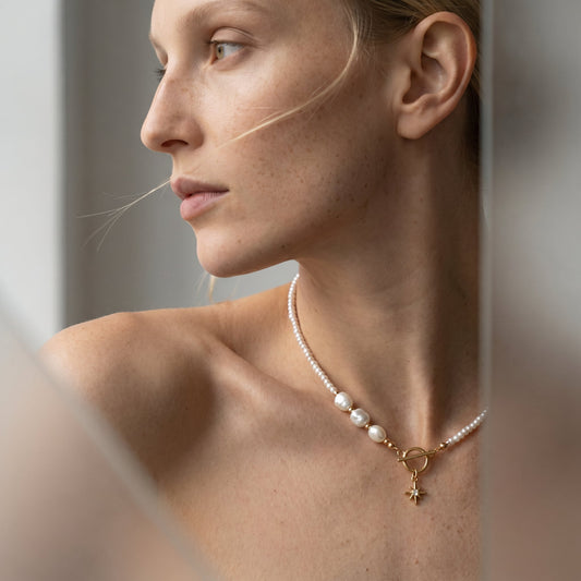 Gold Filled Pole Star Charm Pearl Necklace