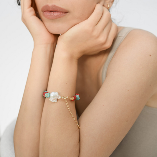 Turquoise Coral In Pearl Bracelet
