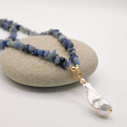 Sodalite Crystal In Baroque Pearl Necklace