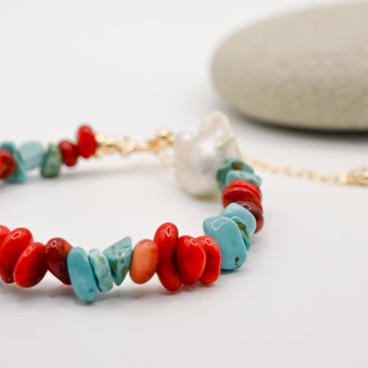 Turquoise Coral In Pearl Bracelet