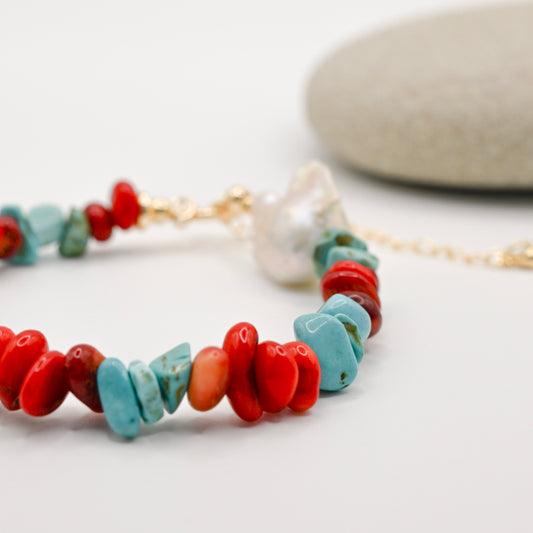Turquoise Coral In Pearl Bracelet