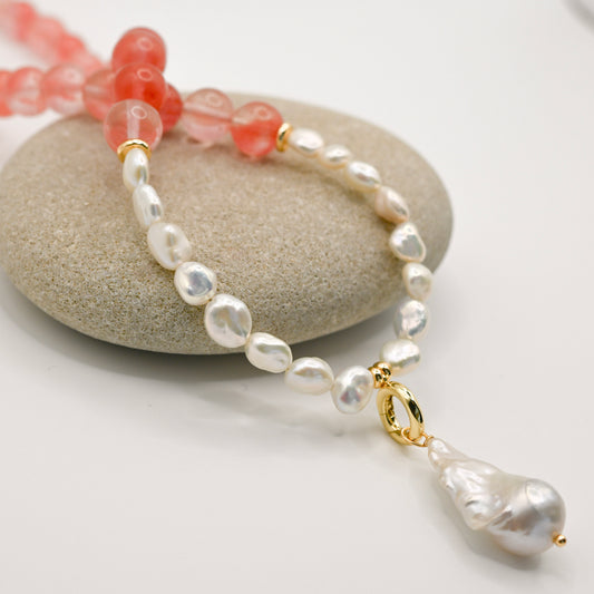 Strawberry Quartz In Baroque Pearl Necklace