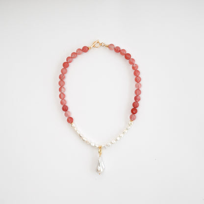 Strawberry Quartz In Baroque Pearl Necklace