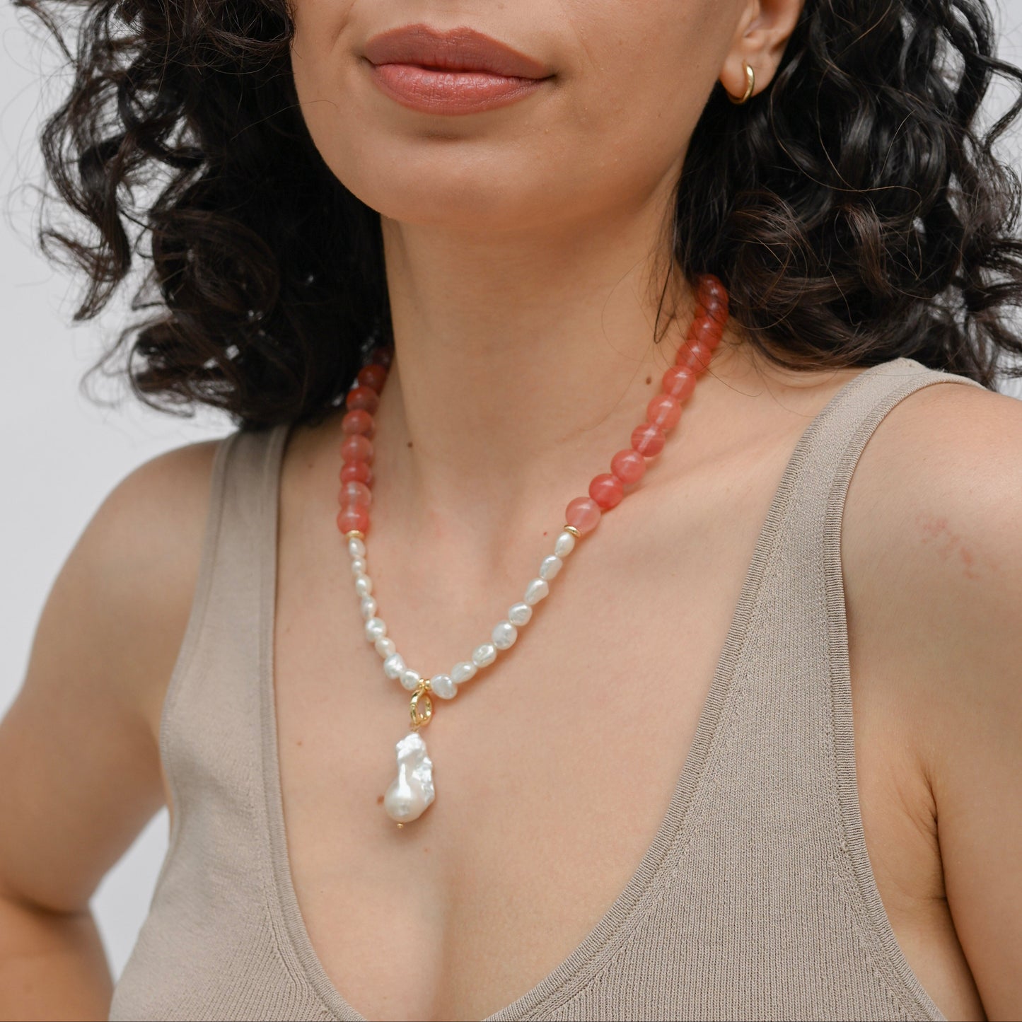 Strawberry Quartz In Baroque Pearl Necklace