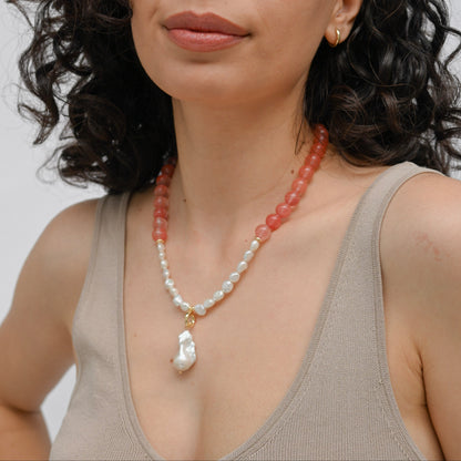 Strawberry Quartz In Baroque Pearl Necklace